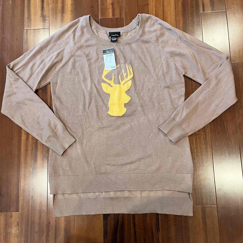 New NWT Rue21‎ Brown Sweater Knit Deer Stitched Logo Front Pullover Top Sz Large